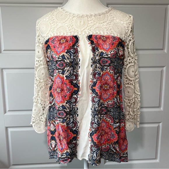 Lace Sleeve Tunic Top‎ Floral Print Bohemian Style Blouse - Picture 1 of 6
